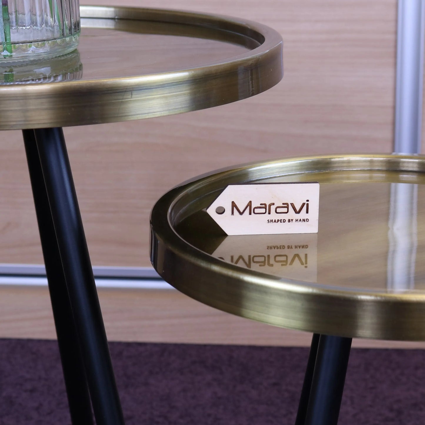 Ari Set of 2 Round Gold Side Tables Tripod Legs Side Closeup