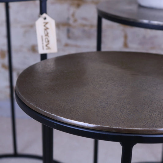 Karari Vintage Gold Metal Set of 3 Occasional Tables Closeup of Table Top