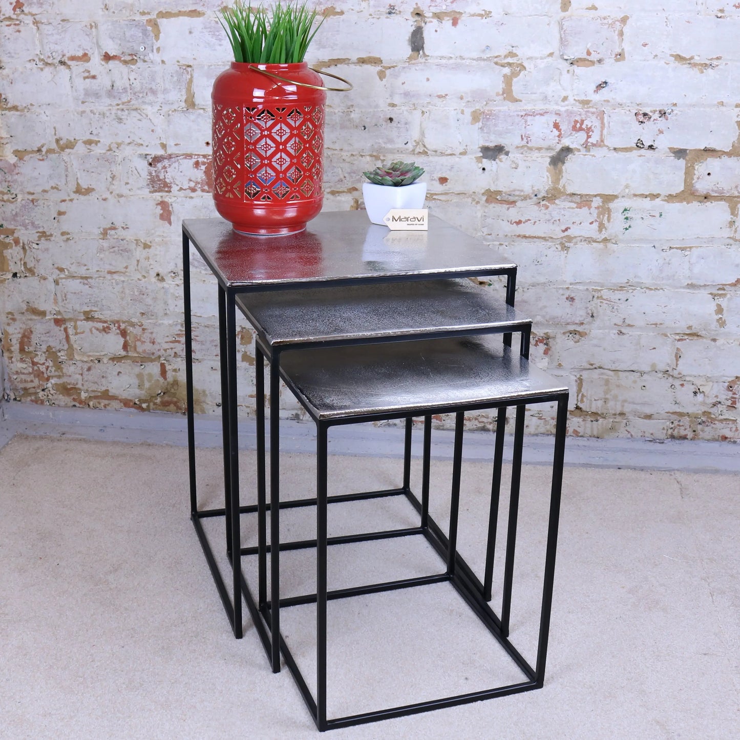 Karari Set of 3 Square Aluminium Tables Distressed Finish Maravi