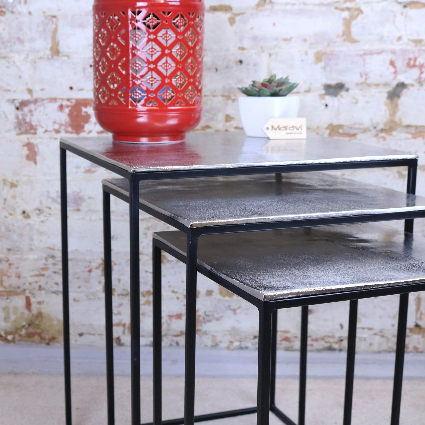 Karari Set of 3 Square Aluminium Tables Distressed Finish Maravi