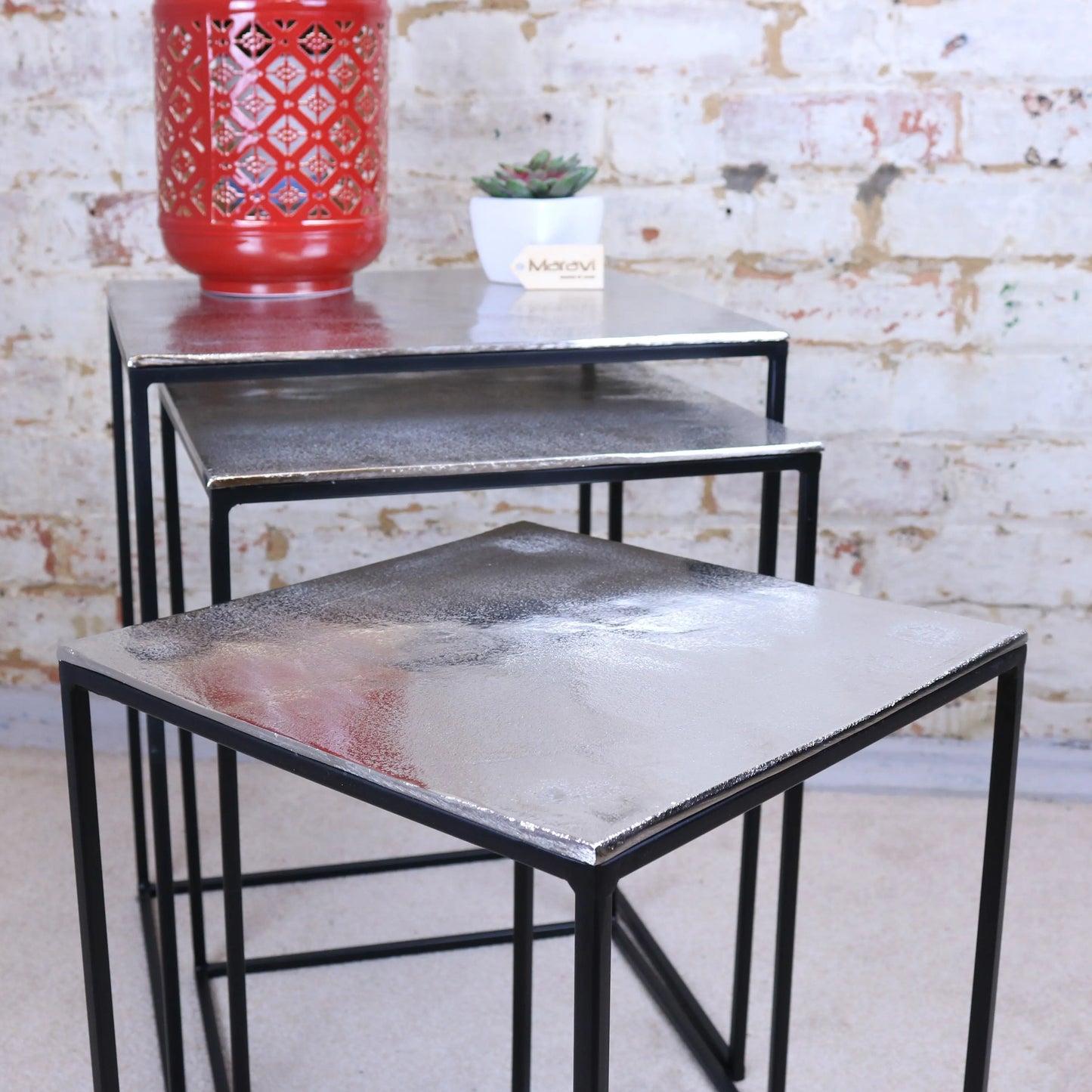 Karari Set of 3 Square Aluminium Tables Distressed Finish Maravi
