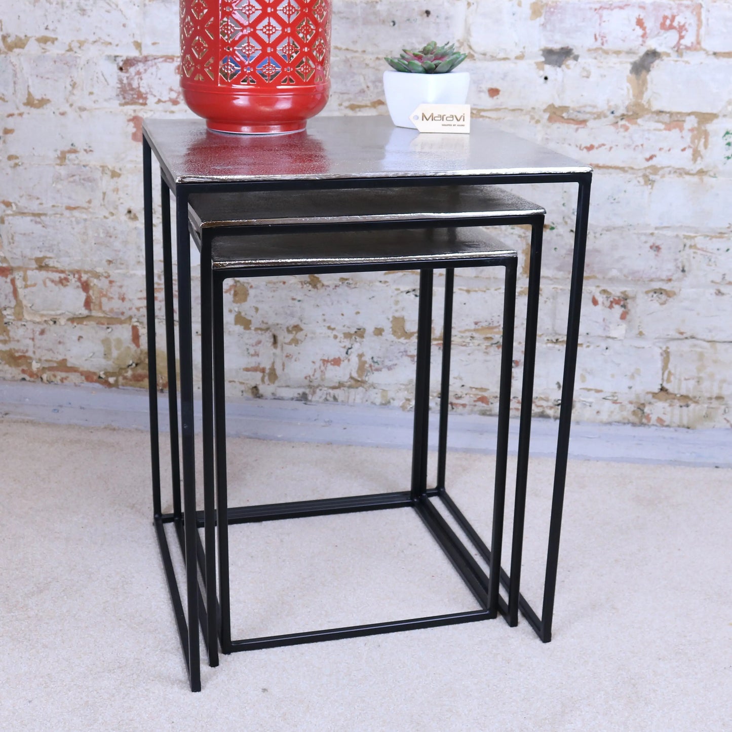Karari Set of 3 Square Aluminium Tables Distressed Finish Maravi