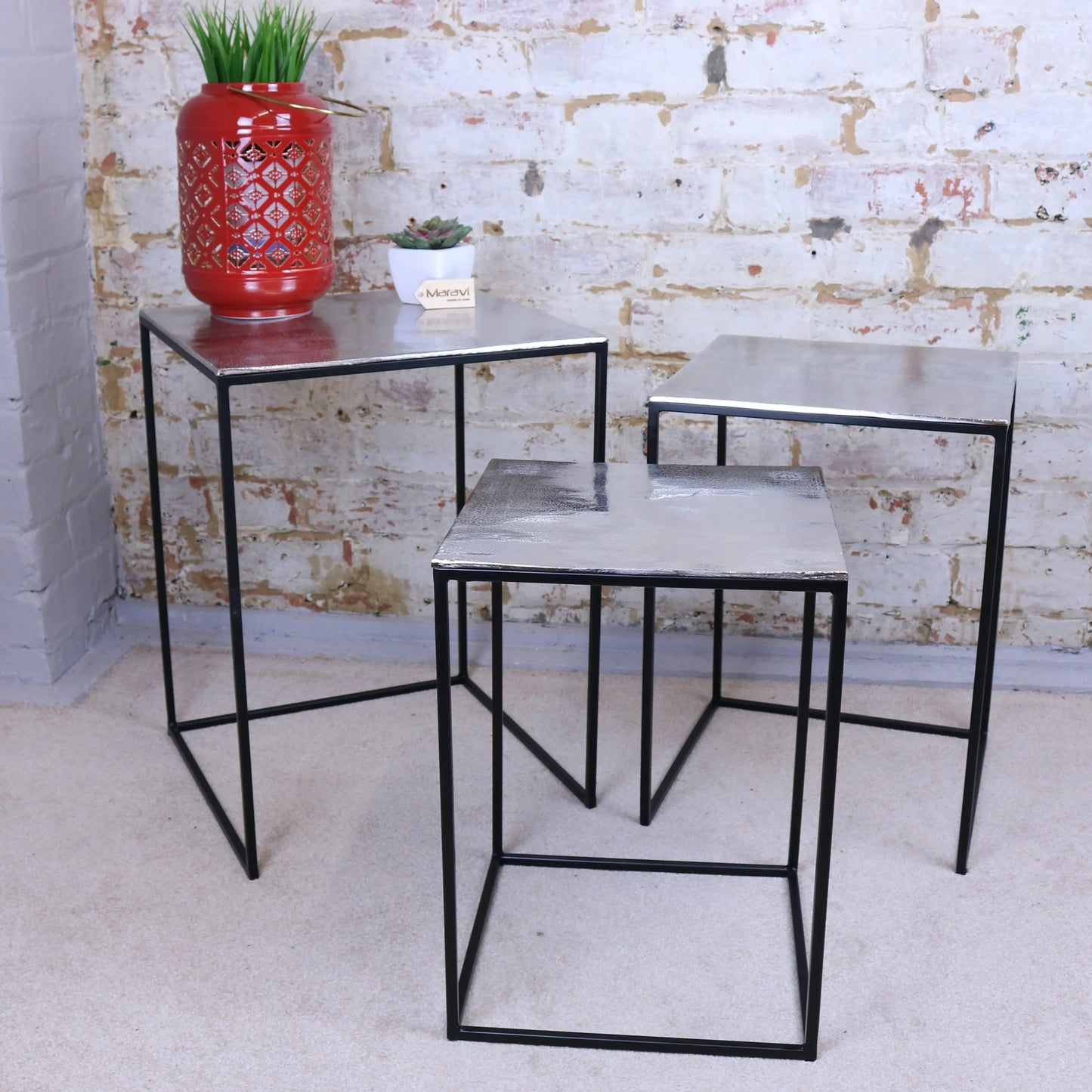Karari Set of 3 Square Aluminium Tables Distressed Finish Maravi