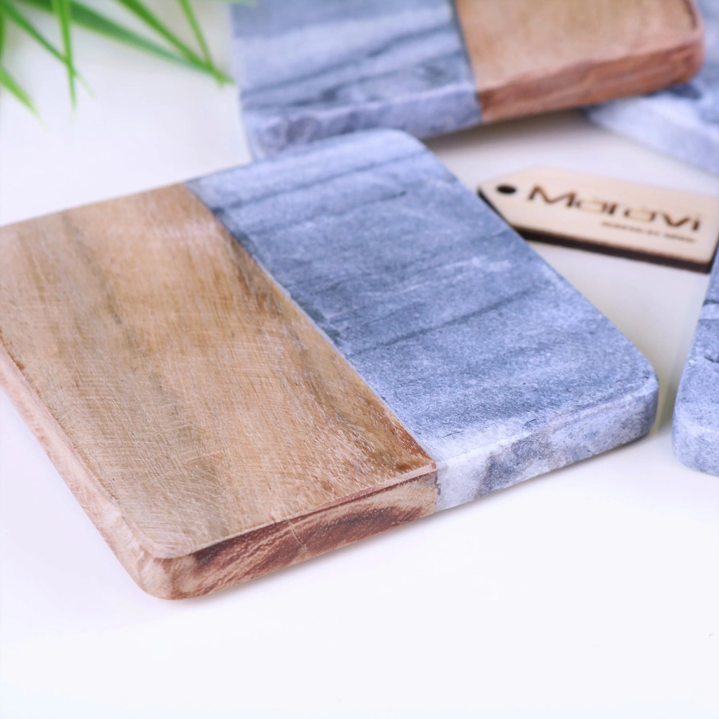 Salya Grey Marble Coasters Closeup of Wood