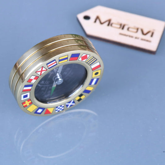 Brass Style Pocket Compass Paperweight Code Flags Top View