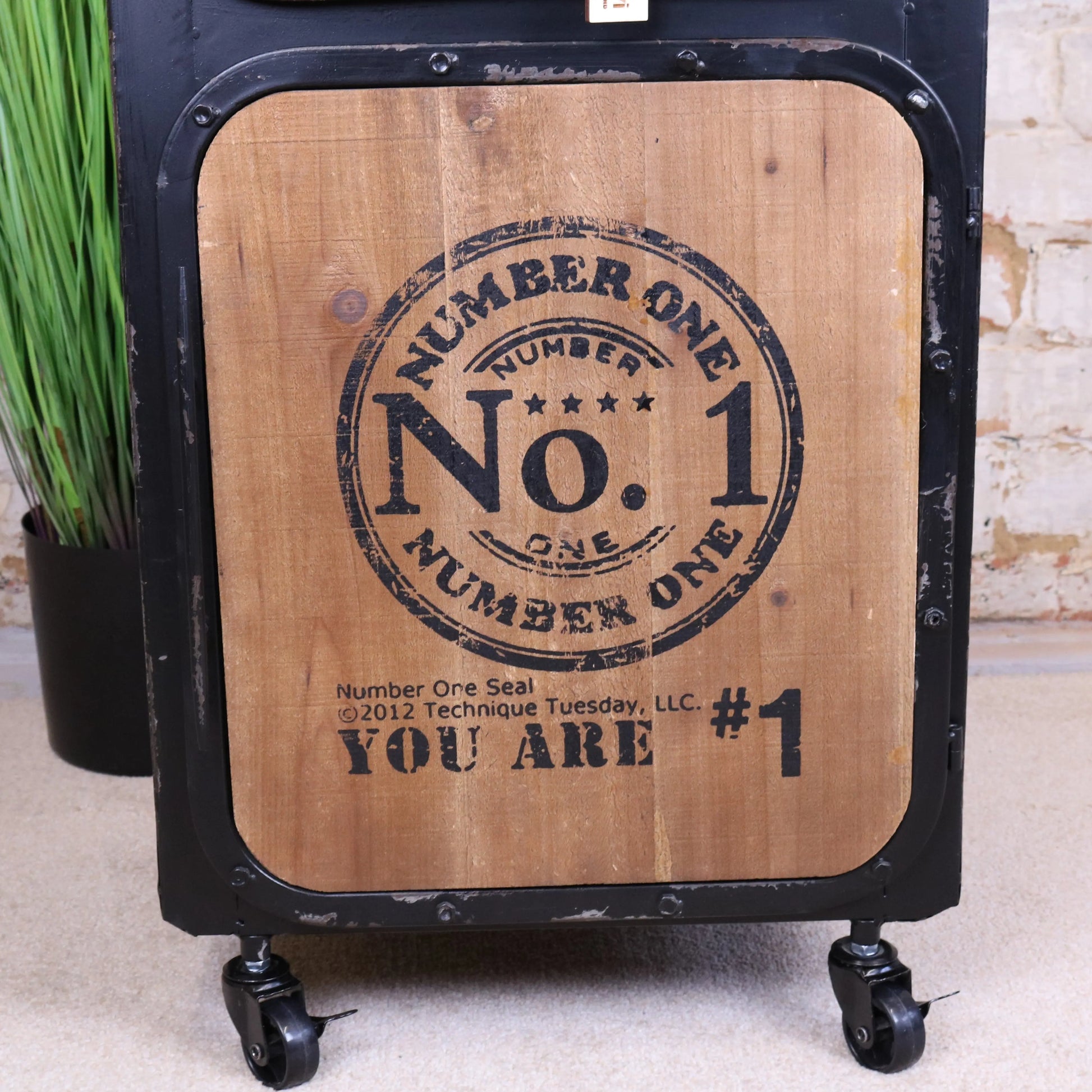 Industrial Bedside Cabinet Closeup of Logo