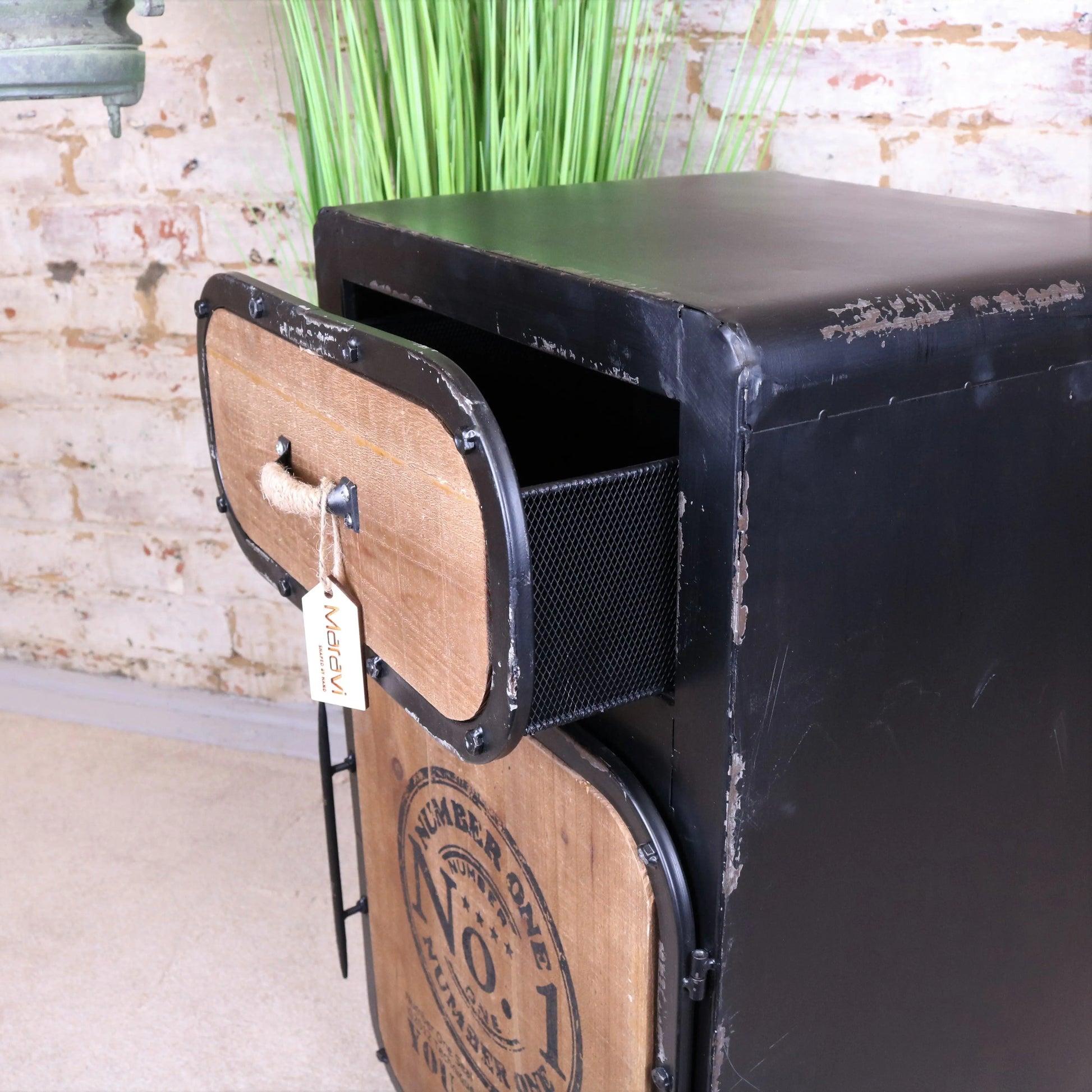 Industrial Bedside Cabinet Showing Side of Drawer