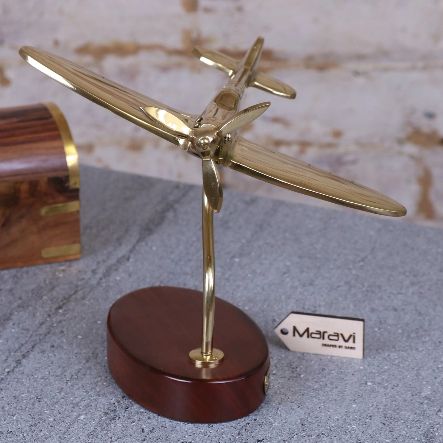 Brass 19cm Spitfire Model With Churchill Quote Plaque Front View