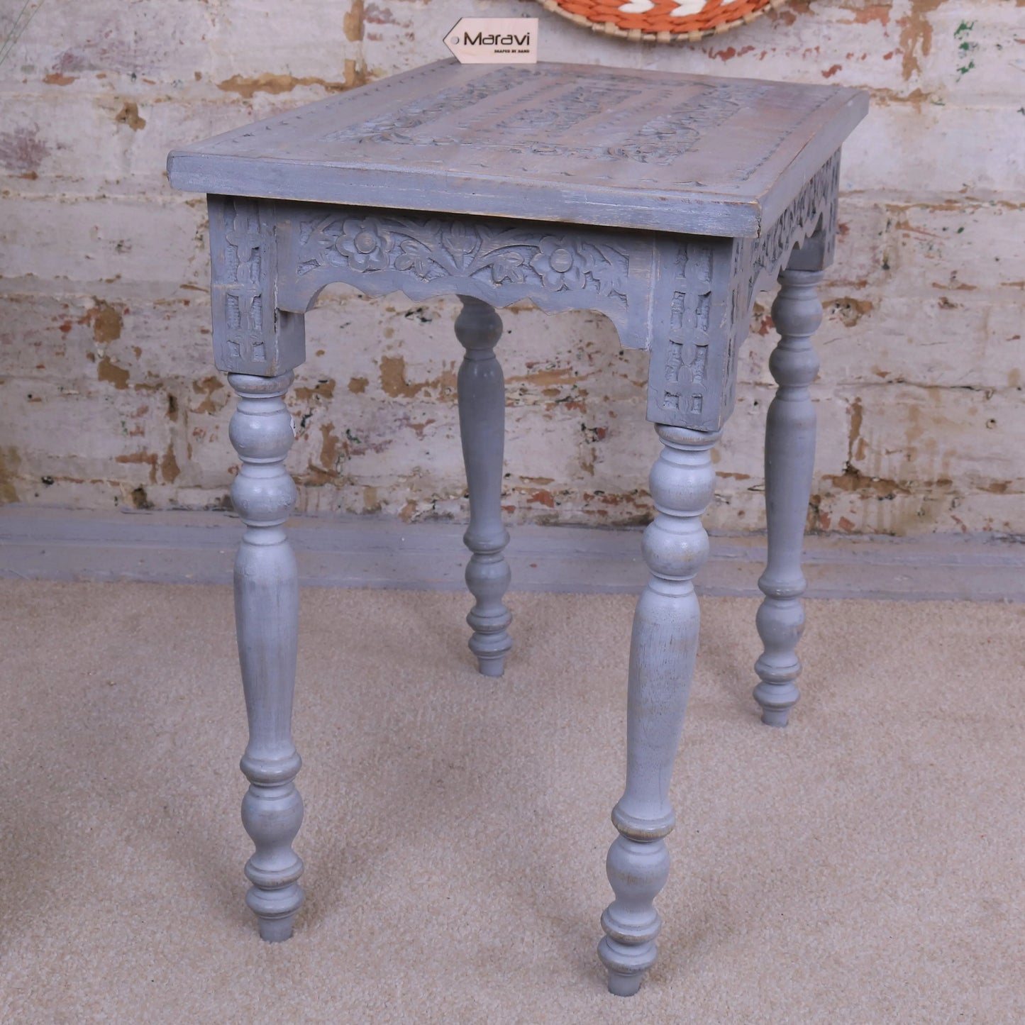Erki Rectangular Mango Wood Side Table Grey Painted Side View