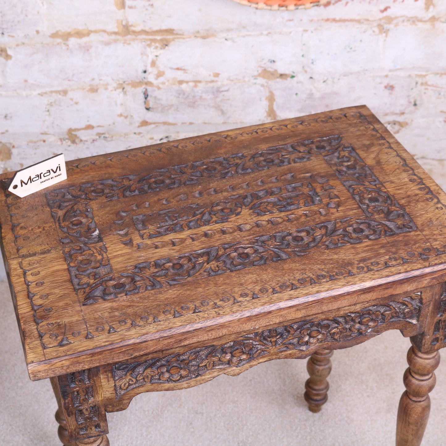 Erki Rectangular Mango Wood Side Table Burnt Finish Top View