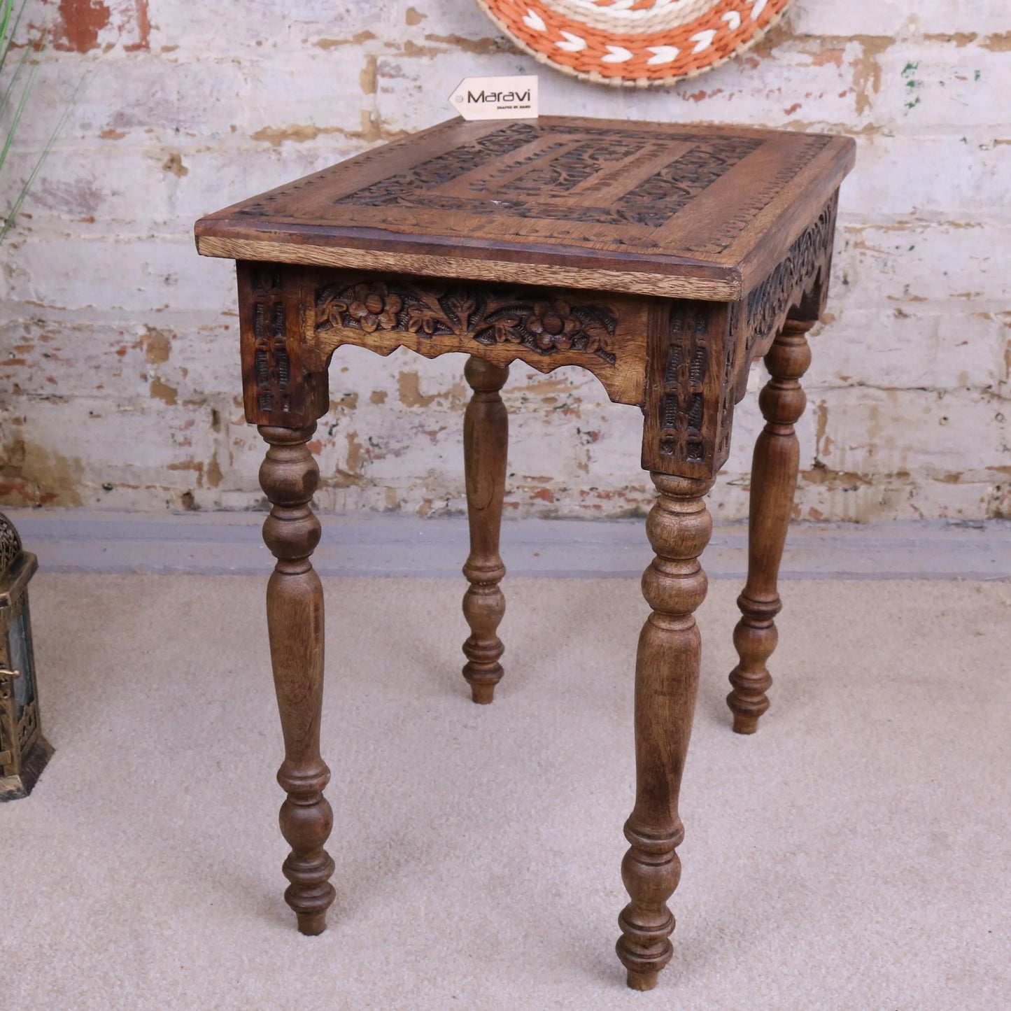 Erki Rectangular Mango Wood Side Table Burnt Finish Side View