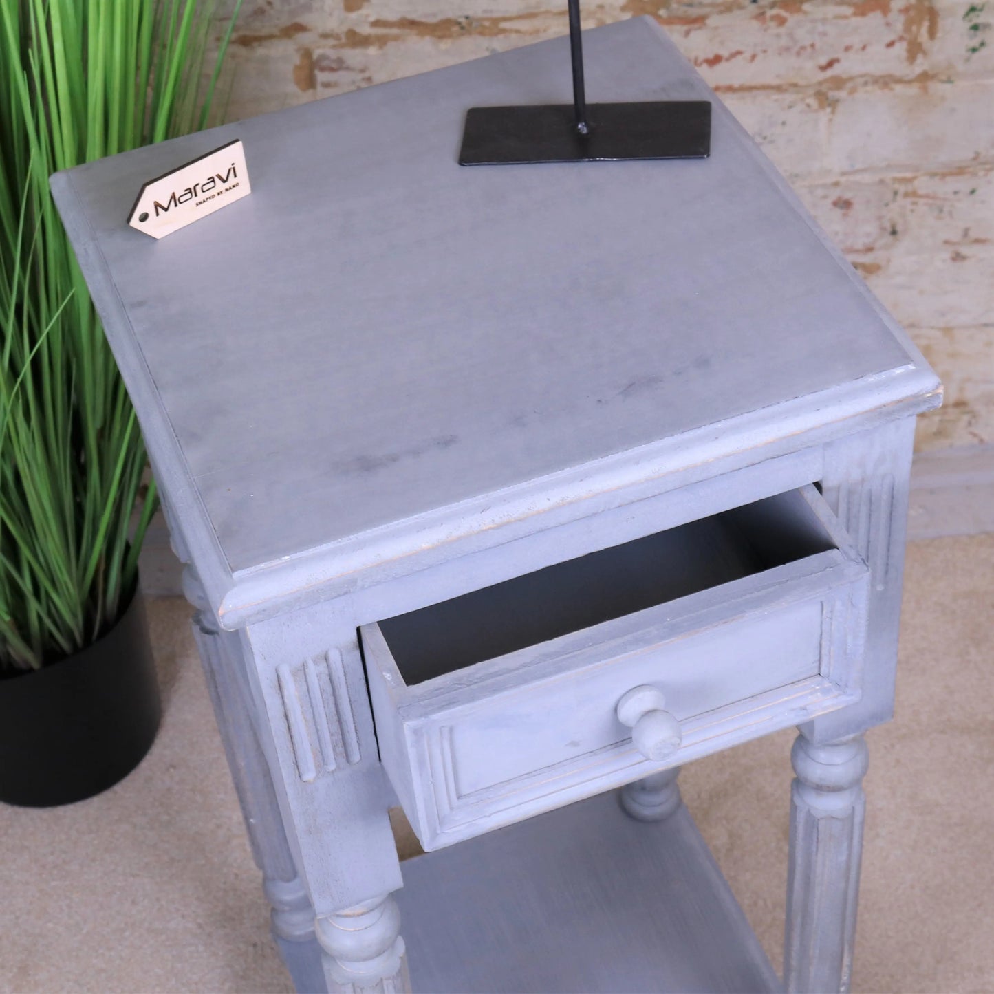 Toyani Square Tall Display Table Grey Painted Open Drawer