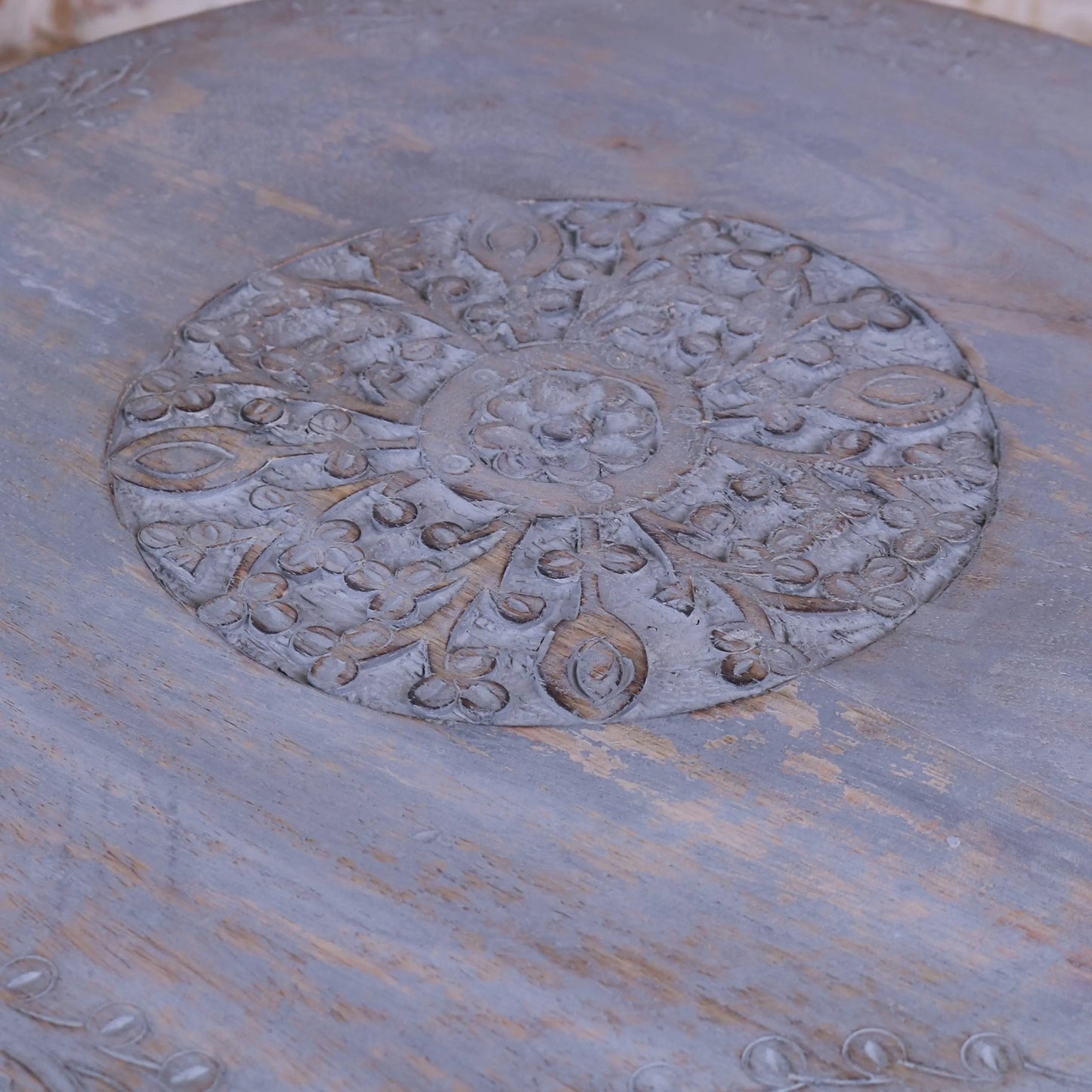 Pharoli Carved Wooden Side Table Grey Distressed Closeup Carving