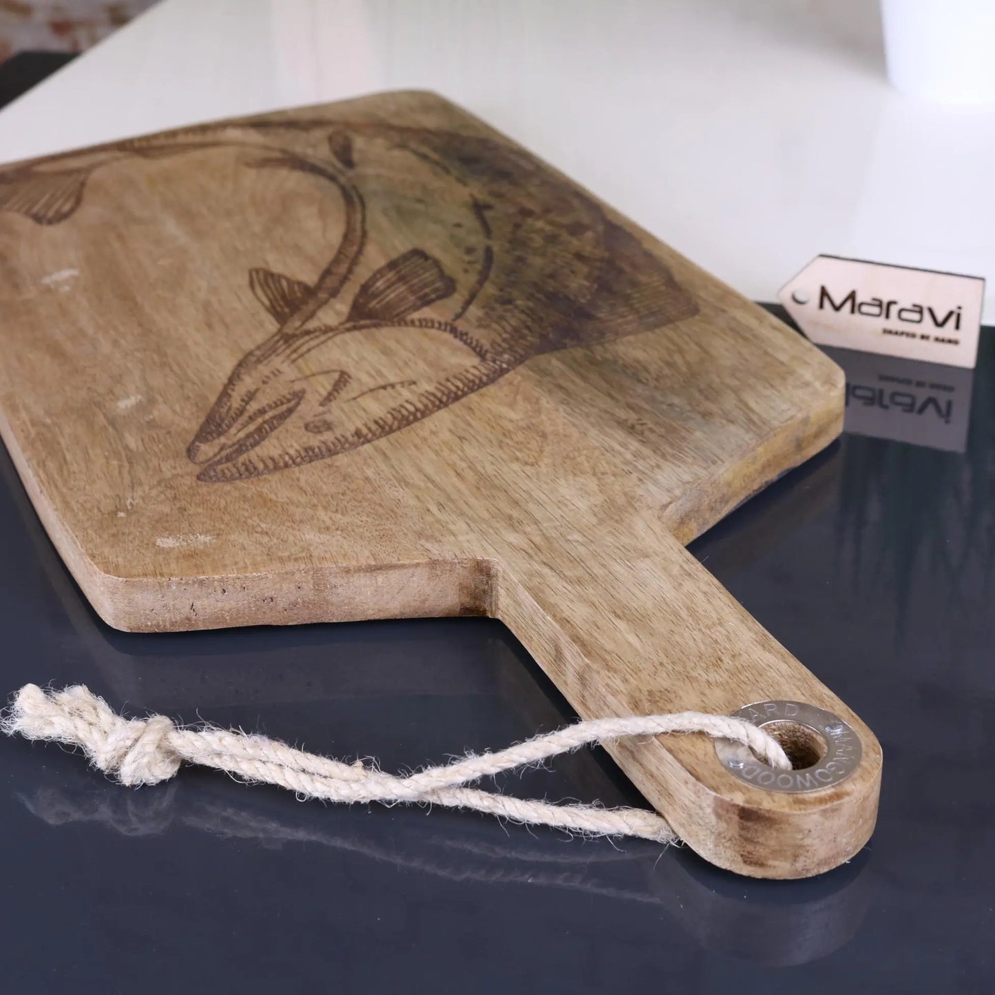 Rateka 50cm Engraved Seafood Serving Board Fish Design Closeup of Handle