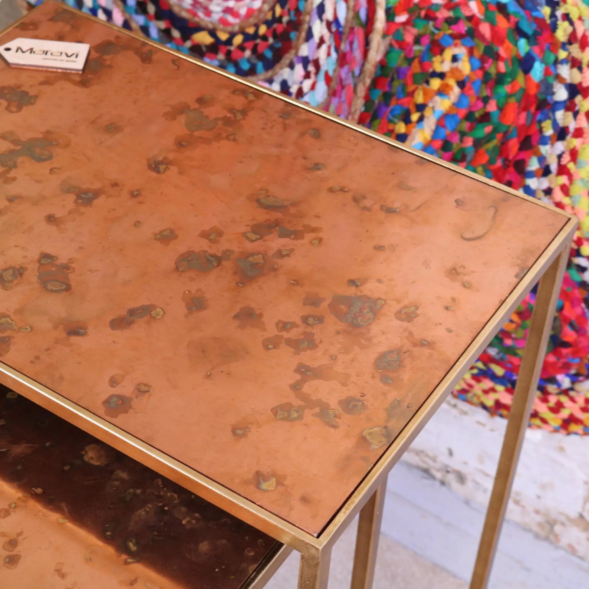 Itawa Tall Nest of Tables Gold Frame and Copper Closeup of Table Top