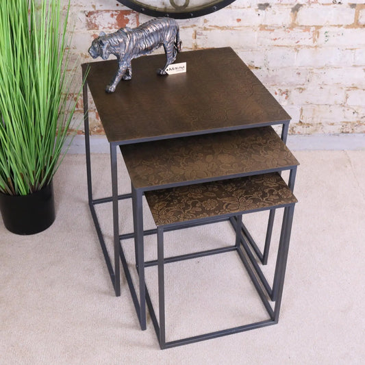 Supli Nest of 3 Tables Gold Embossed Flower Pattern Maravi