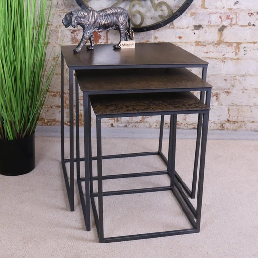 Supli Nest of 3 Tables Gold Embossed Flower Pattern Maravi