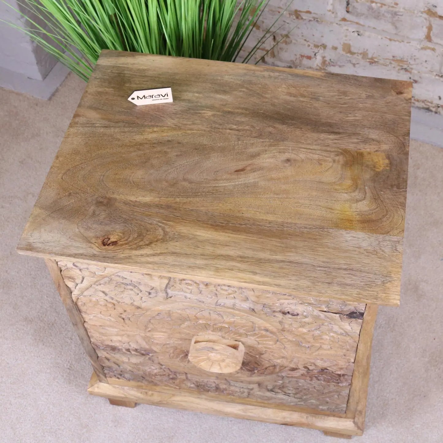 Ladha Mango Wood Carved Bedside Cabinet Top View