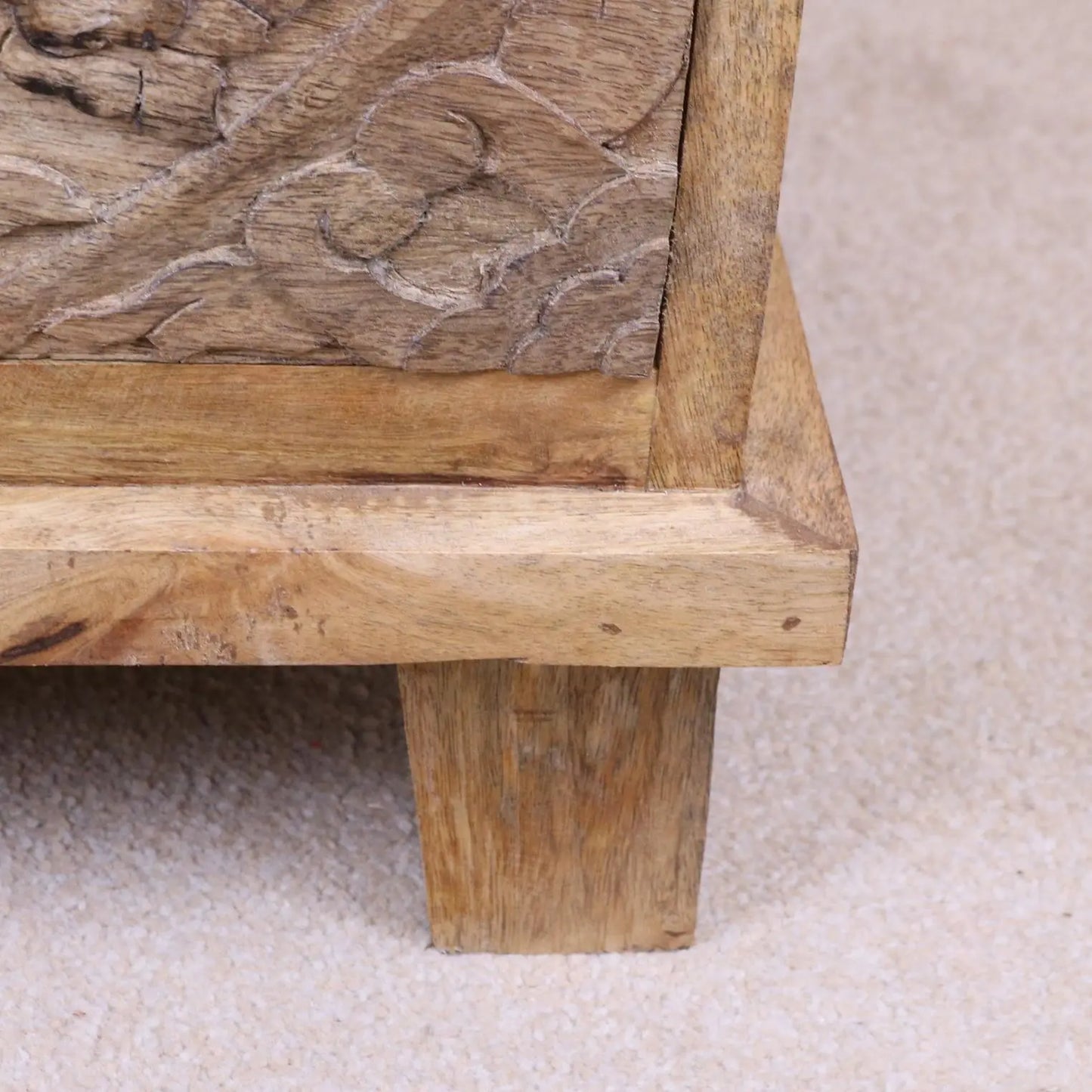 Ladha Mango Wood Carved Bedside Cabinet Closeup of Leg