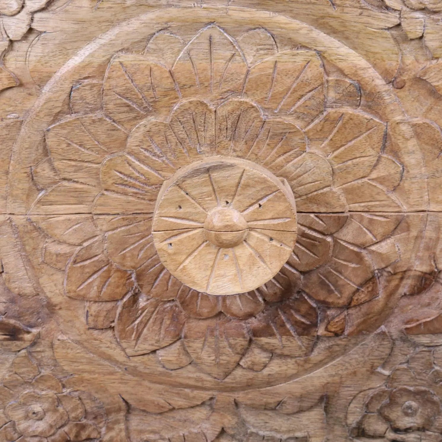 Ladha Mango Wood Carved Bedside Cabinet Closeup of Carving 2