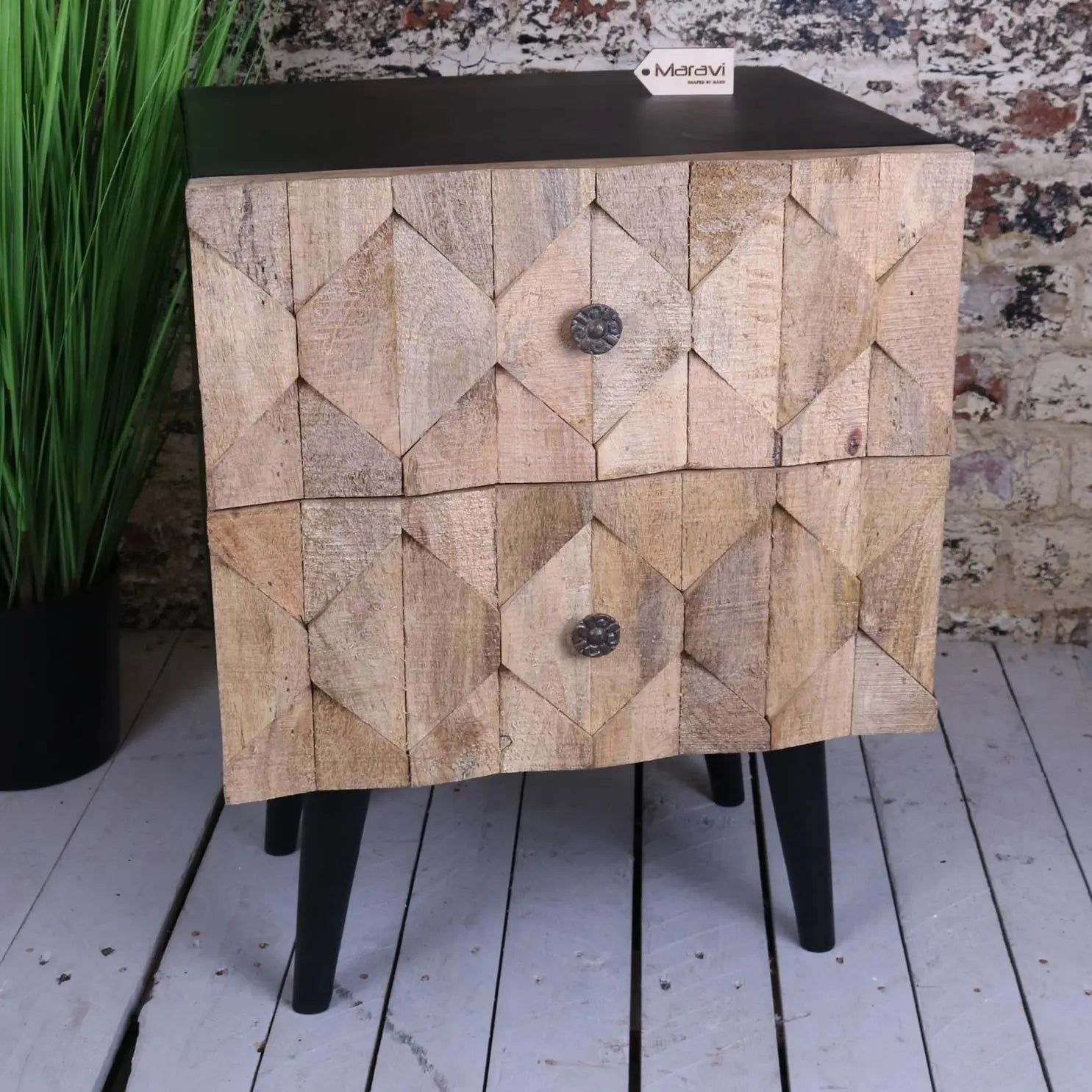 Iron and wood bedside outlet table