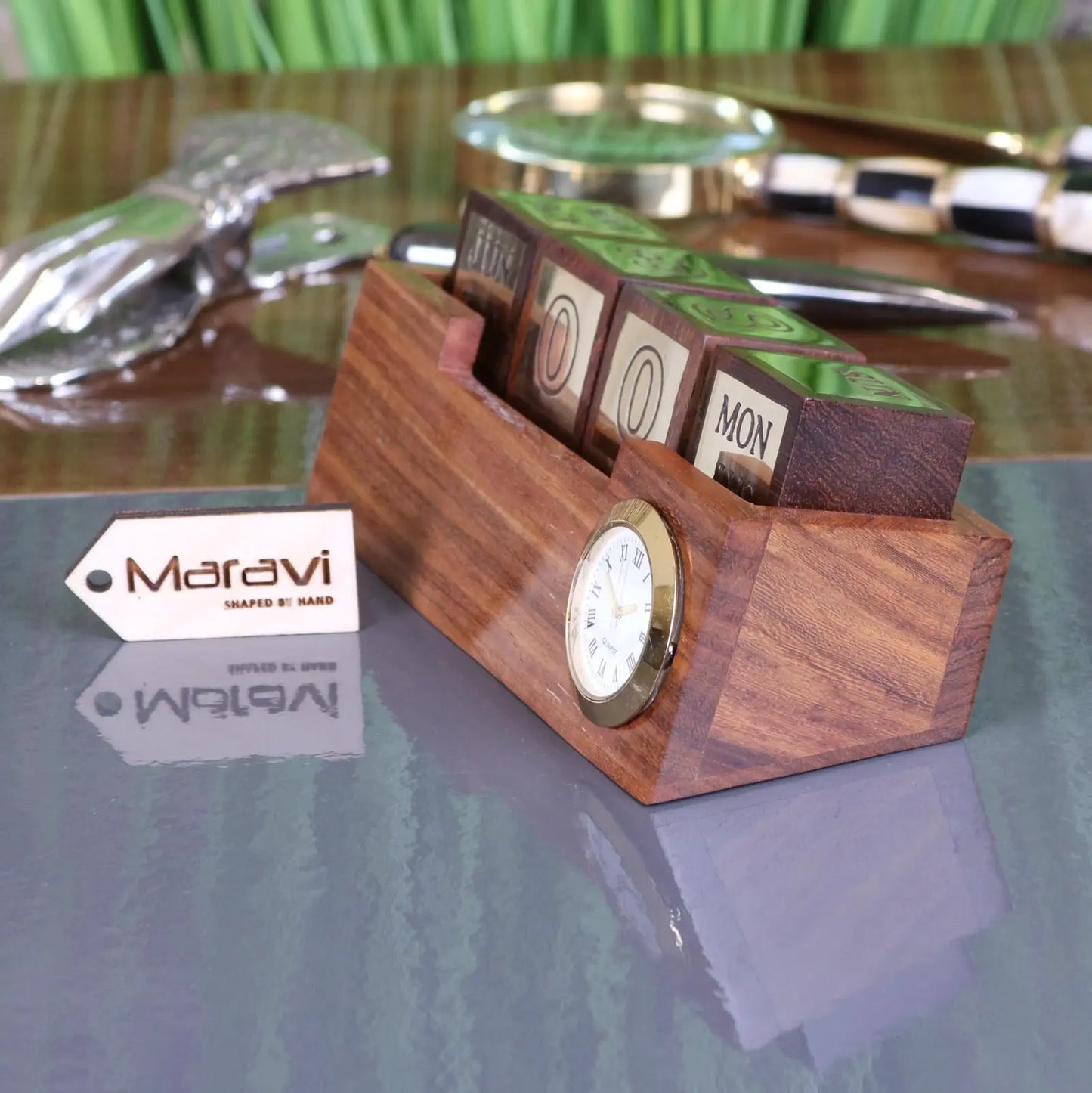 Masan Wooden Desk Perpetual Calendar and Clock Side View