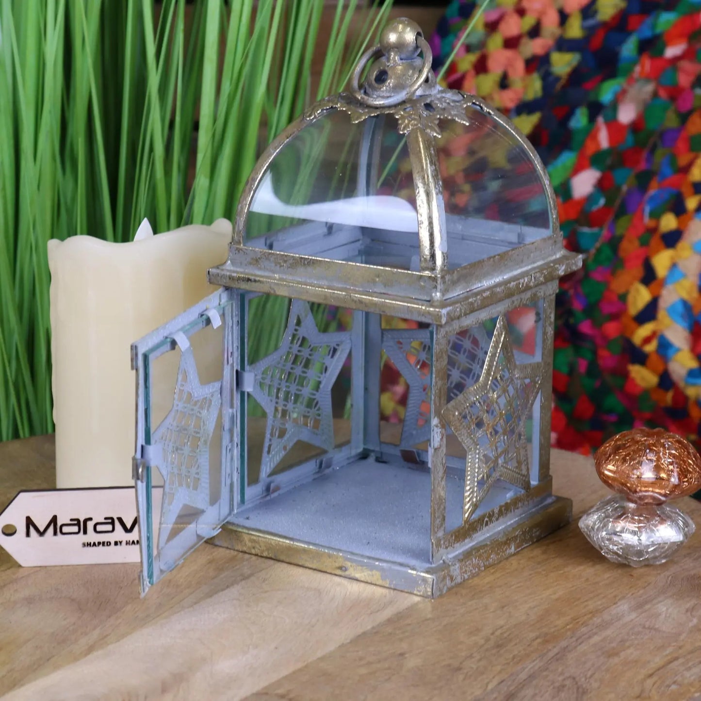 Patera Antique Style Square Lantern Star Design - Door Open