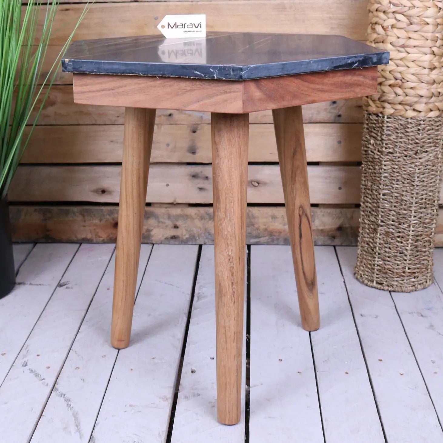 Siangra Hexagon Black Marble Side Table - Side View