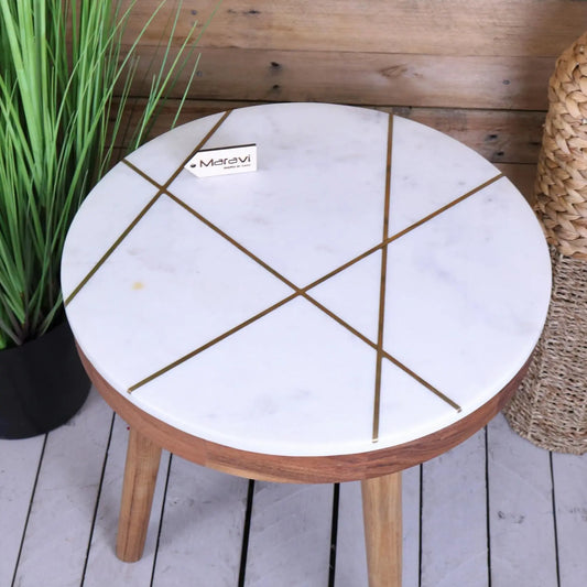 Salbari Round White Marble Side Table - Top View
