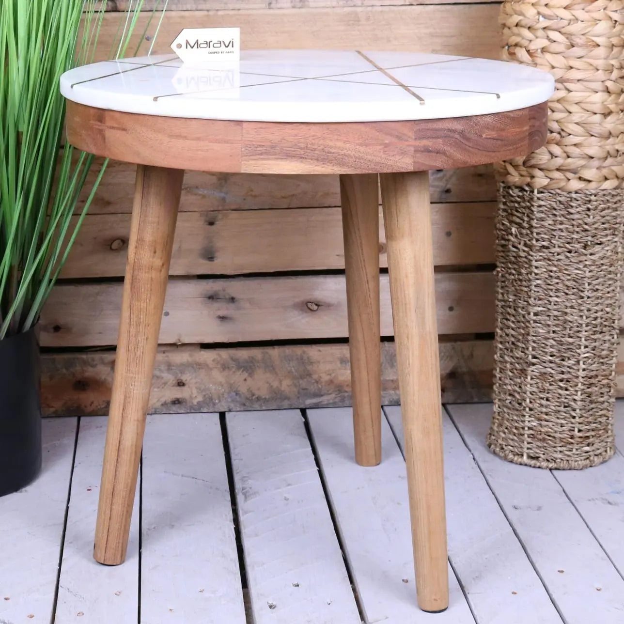 Salbari Round White Marble Side Table - Side View
