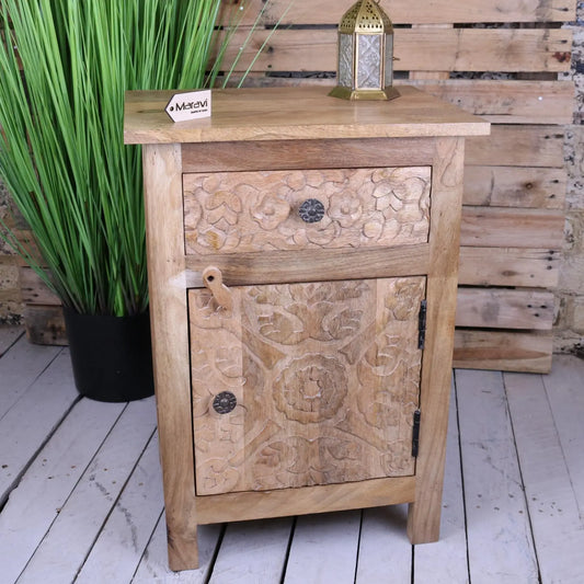 Nausel Mango Wood Carved Bedside Cabinet - Main Image