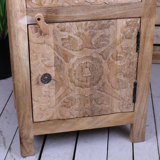 Nausel Mango Wood Carved Bedside Cabinet - Closeup of Door