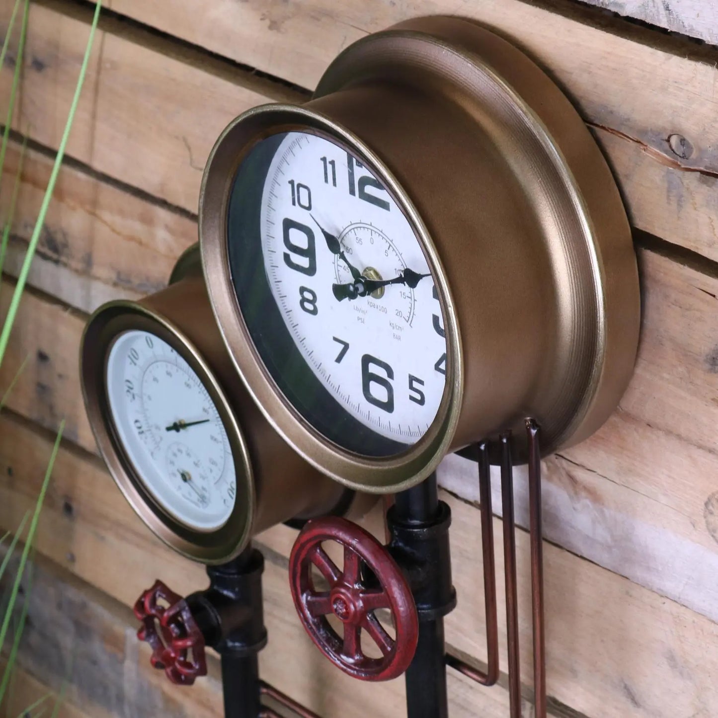 Baded Industrial Wall Pipe Clock and Thermometer - Side View