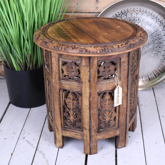 Rengali Medium Side Table Mango Wood Leaf Carving - Main Image