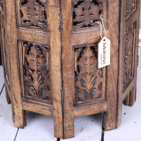 Rengali Medium Side Table Mango Wood Leaf Carving - Closeup of Base Jali Carving