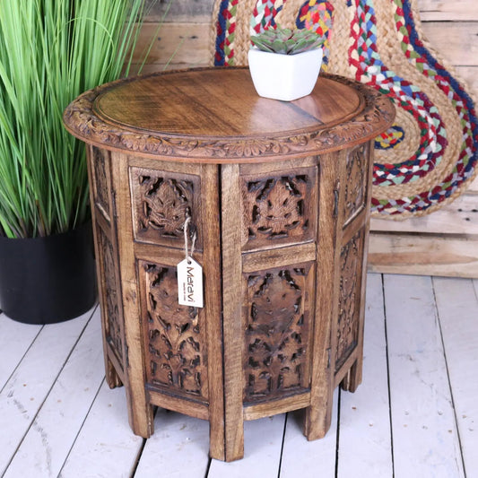 Rengali Large Side Table Mango Wood Leaf Carving - Main Image