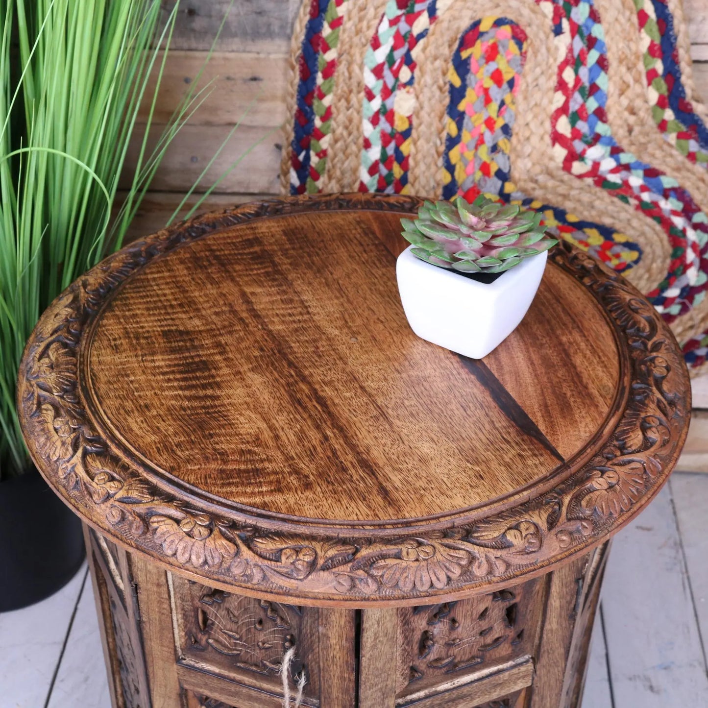 Rengali Large Side Table Mango Wood Leaf Carving - Angled Top View