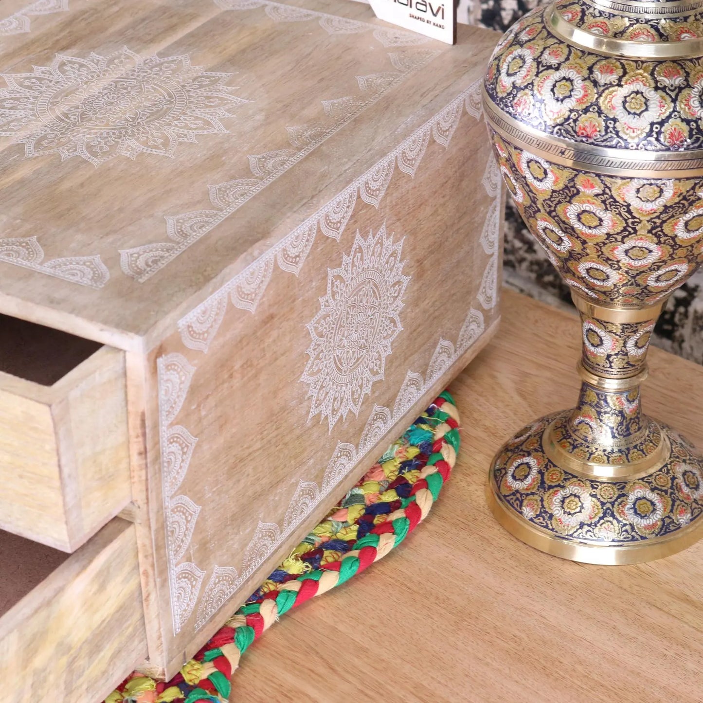Hijla Mango Wood A4 Filing Box 2 Drawers Mandala Design - Closeup of Side