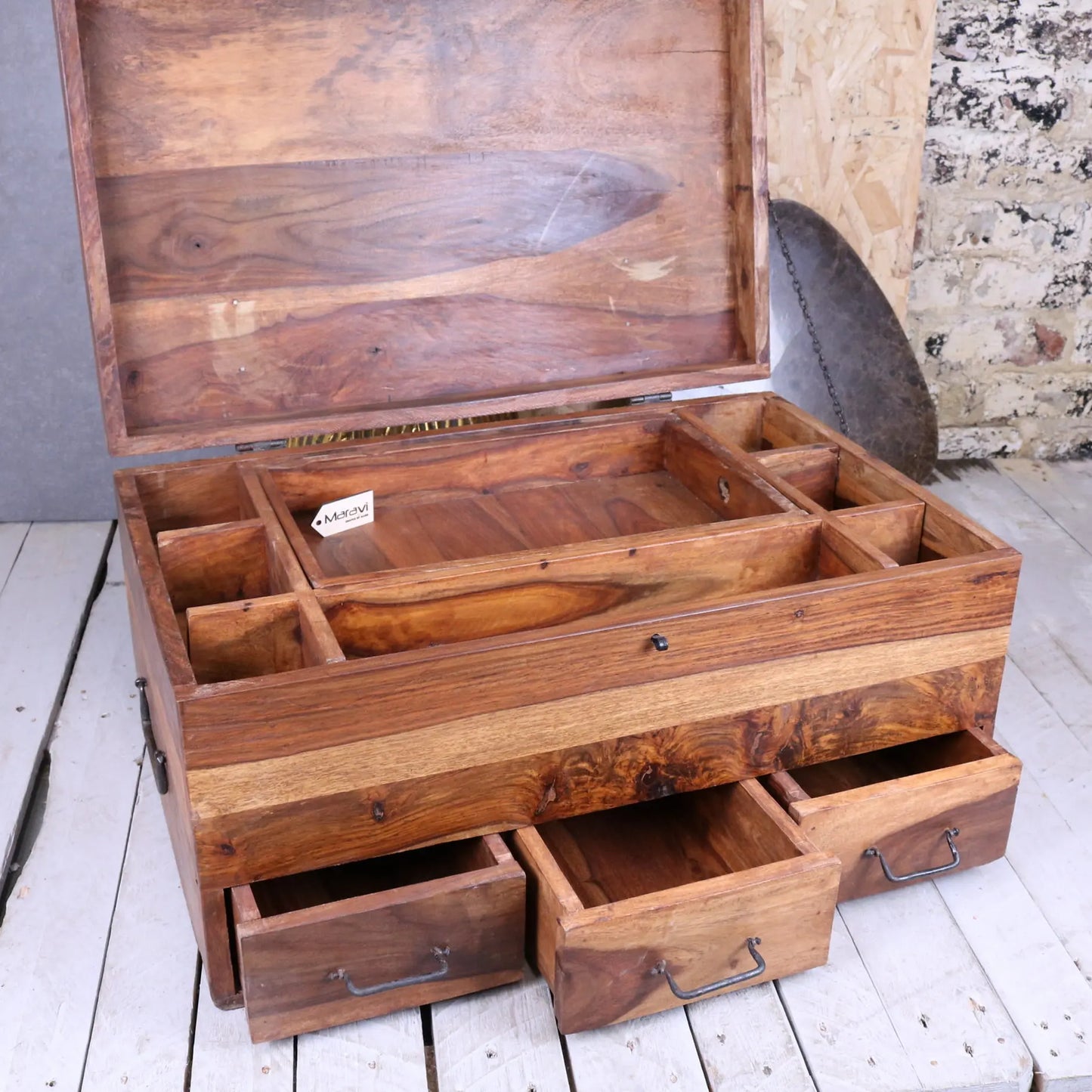 Large Wooden Storage Chest - Showing Drawers Open