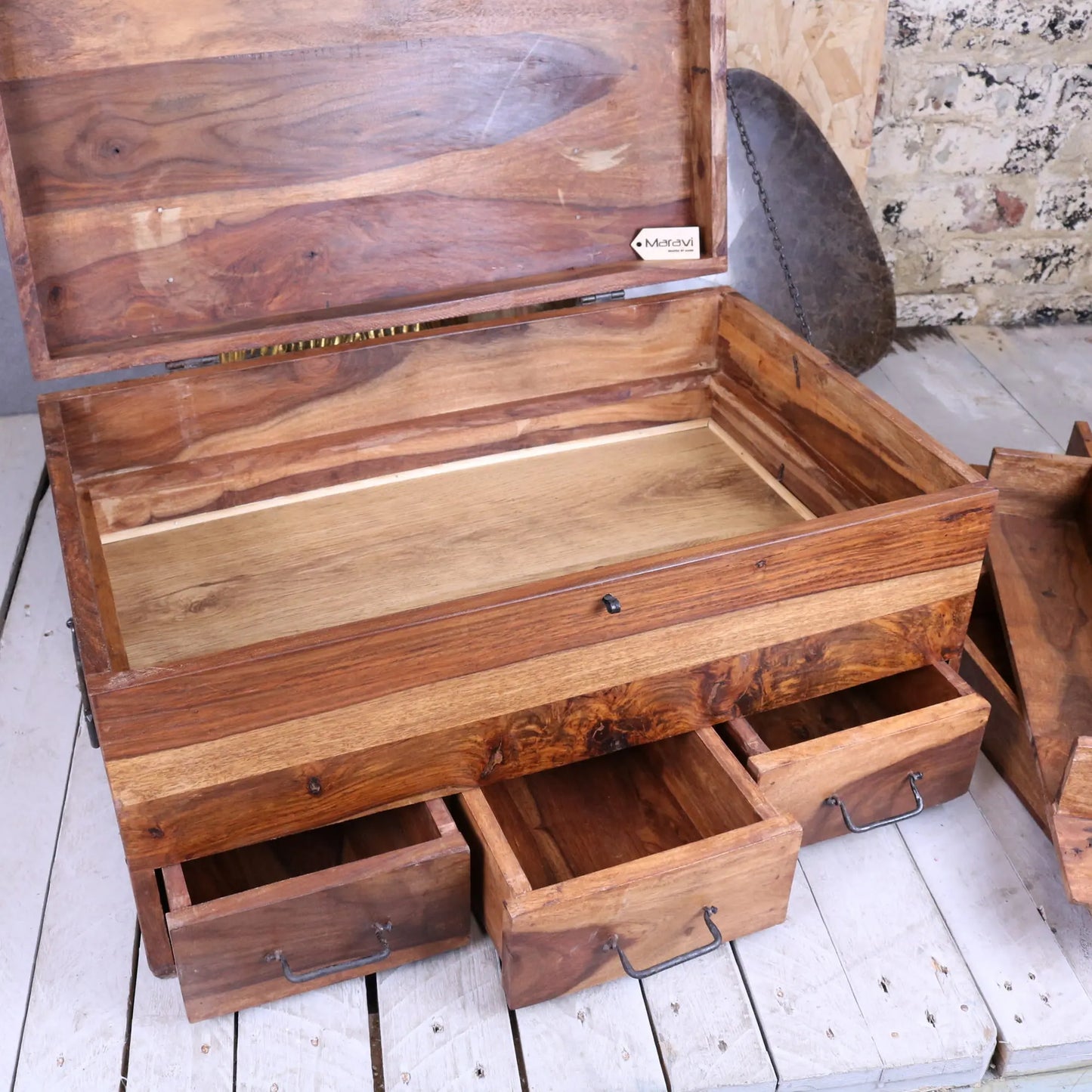 Large Wooden Storage Chest - Drawers Open
