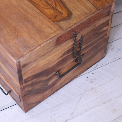 Large Wooden Storage Chest - Side View Showing Handle and Chain