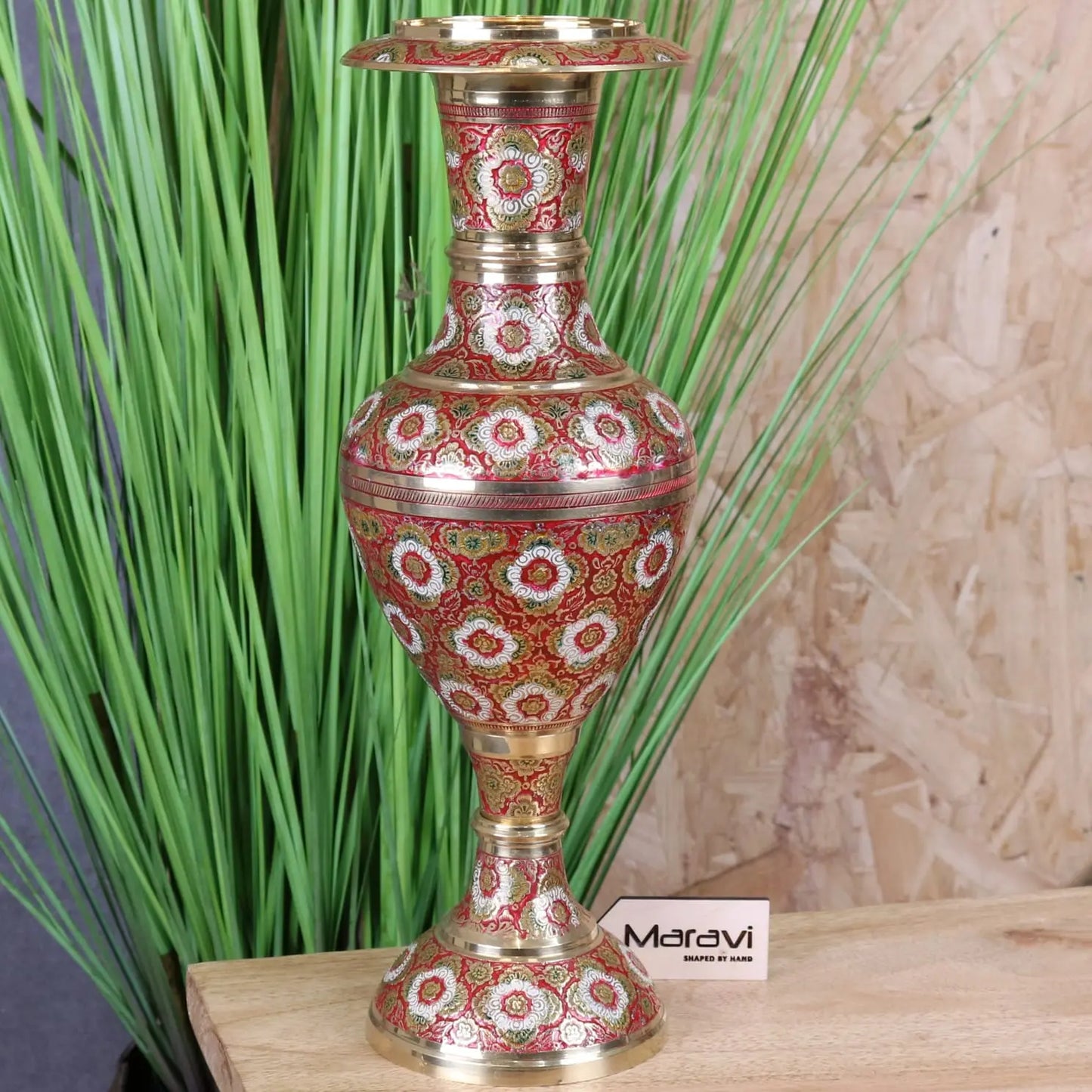 Vintage 36cm Brass Vase Hand Painted and Etched - Main Image