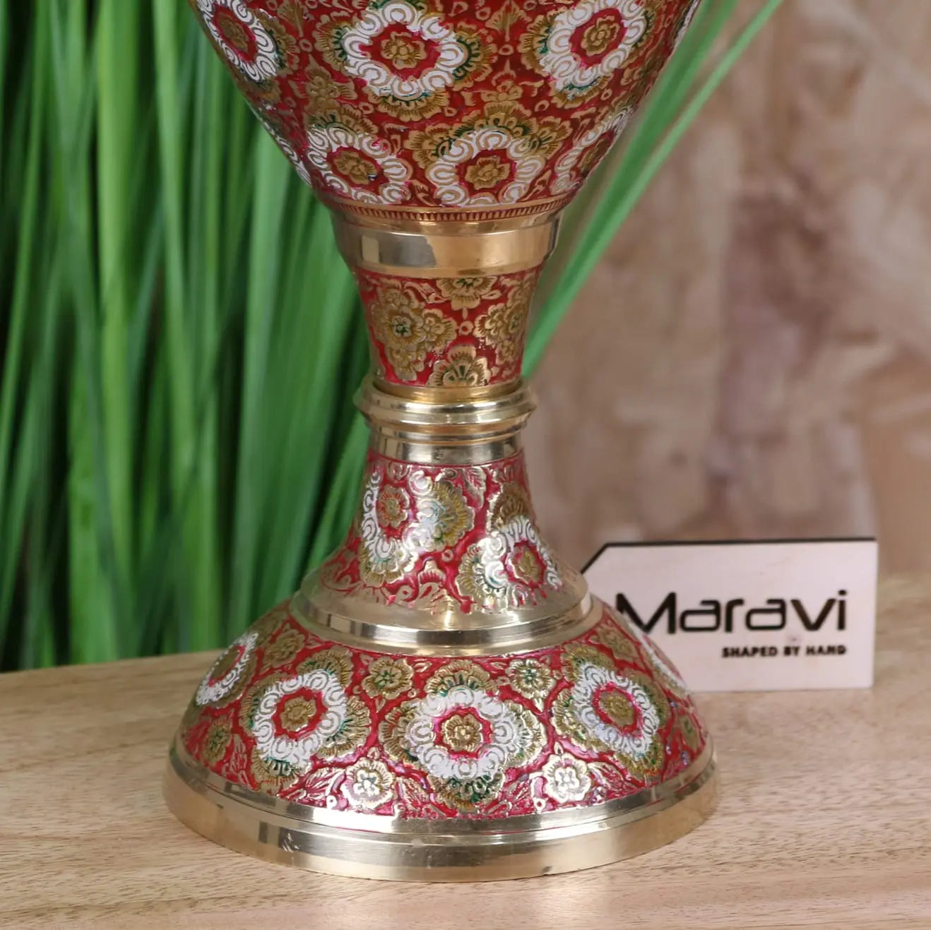 Vintage 36cm Brass Vase Hand Painted and Etched - Closeup of Base