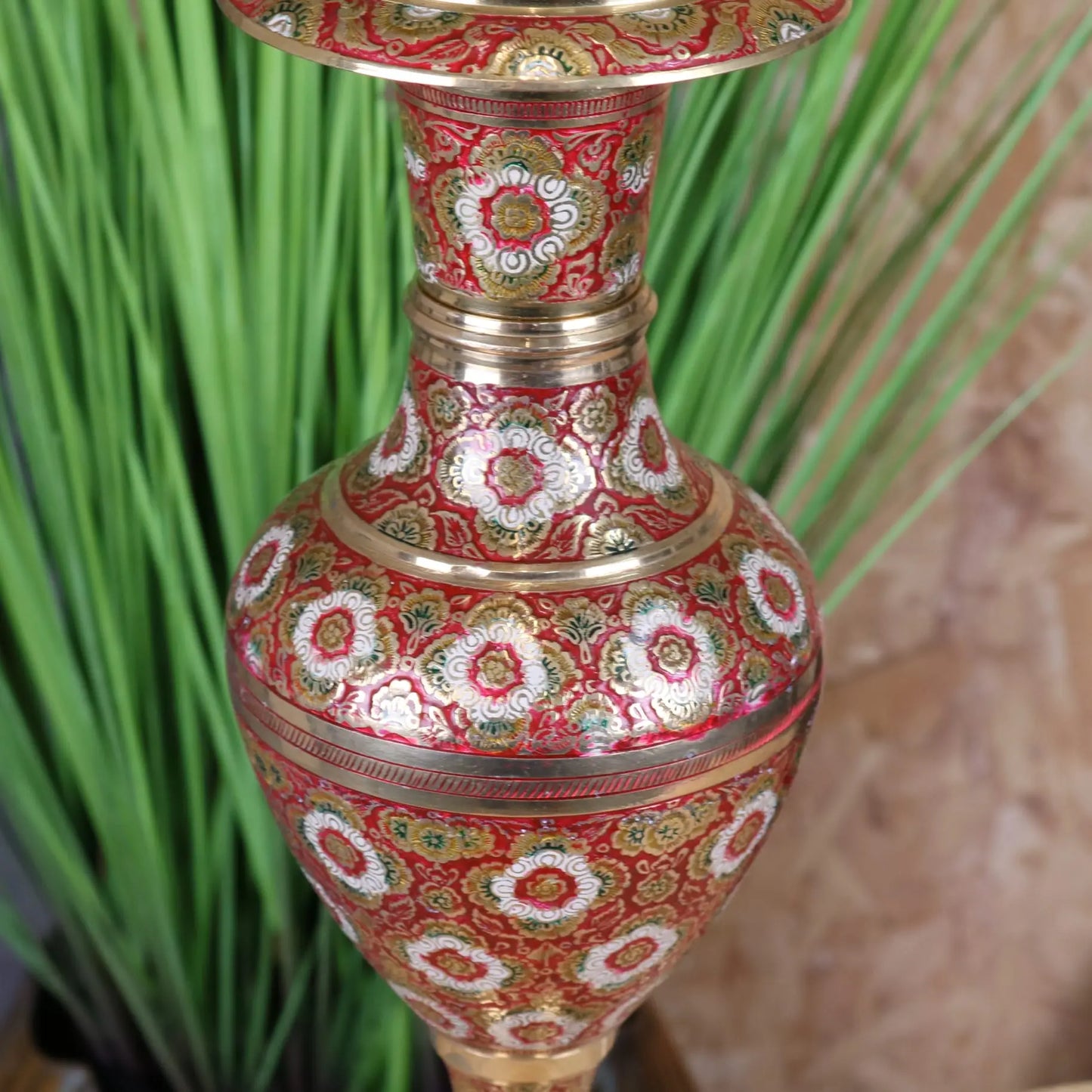 Vintage 36cm Brass Vase Hand Painted and Etched - Closeup of Middle Section