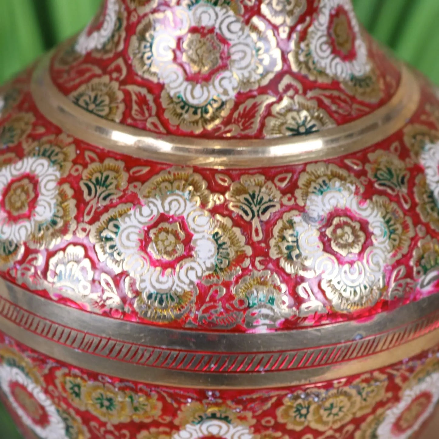 Vintage 36cm Brass Vase Hand Painted and Etched - Closeup of Painted Flowers