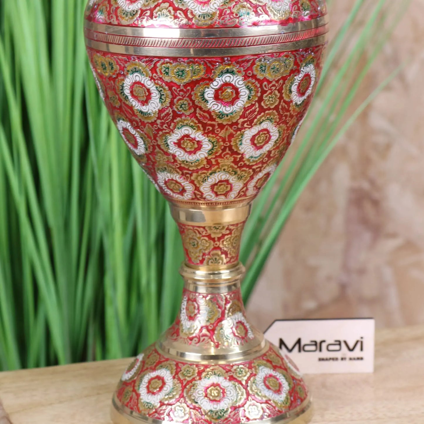 Vintage 36cm Brass Vase Hand Painted and Etched - Closeup of Middle Section 2