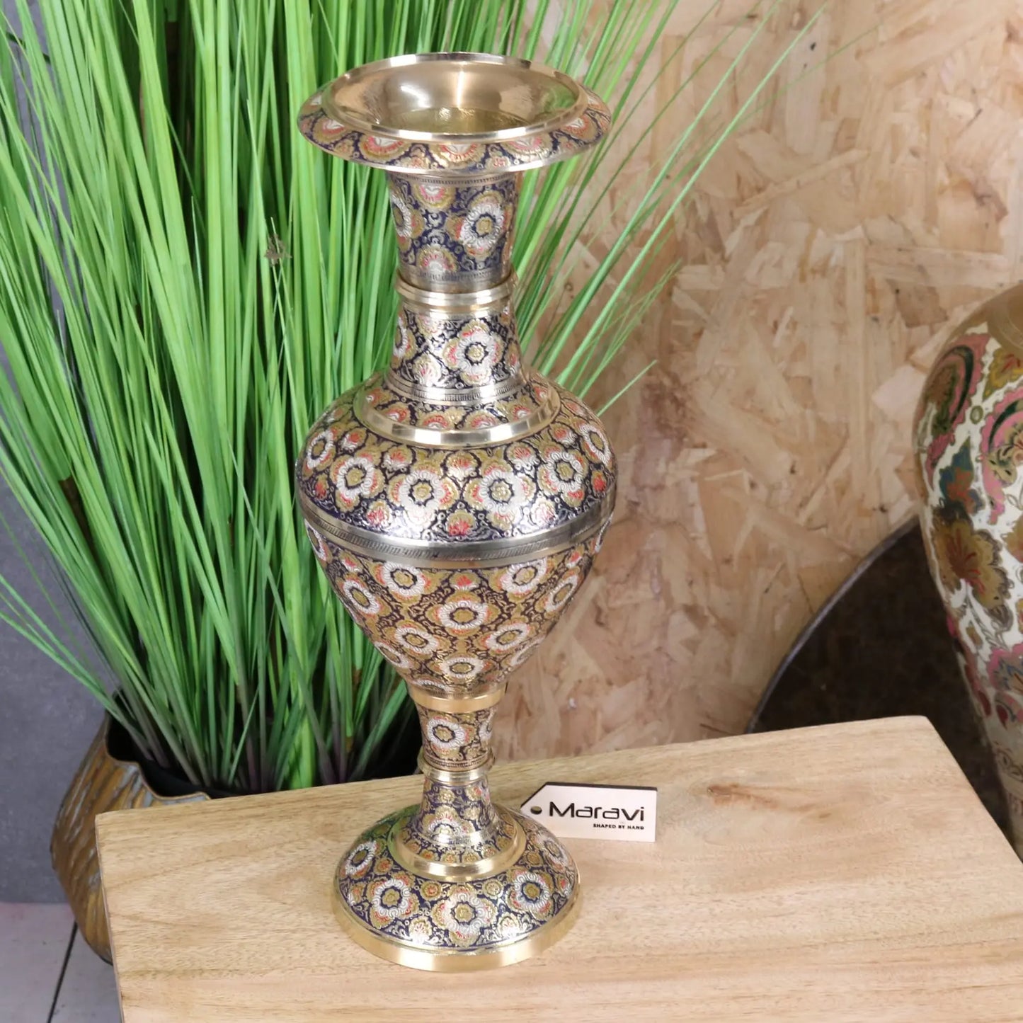 Vintage 42cm Brass Vase Hand Painted and Etched - Main Image
