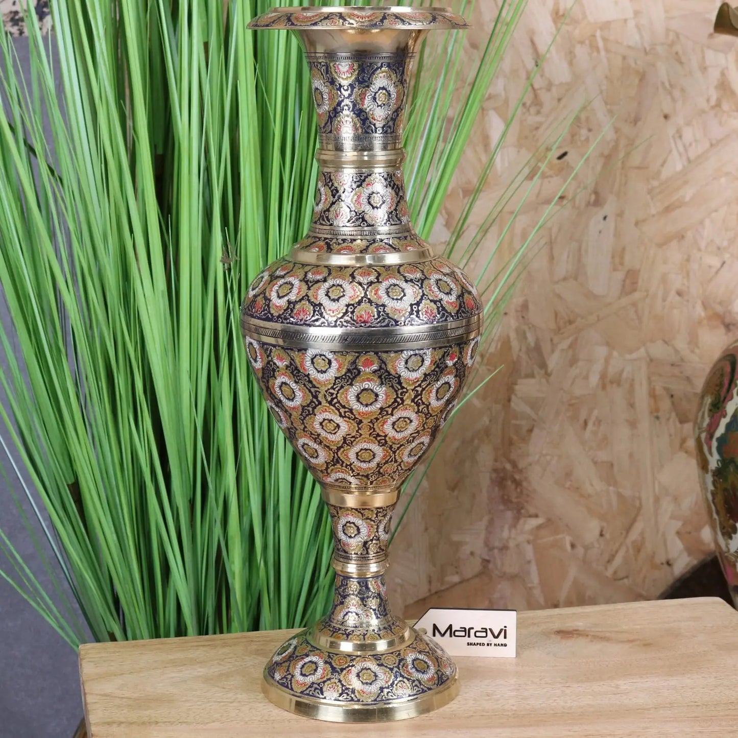 Vintage 42cm Brass Vase Hand Painted and Etched - Front View