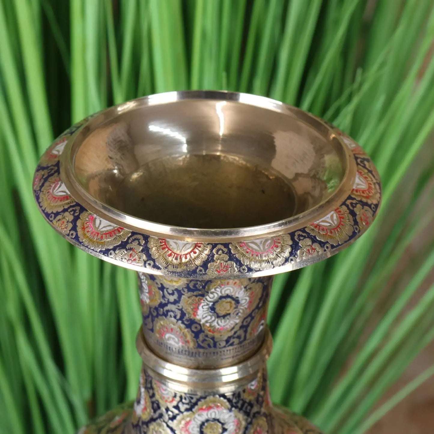 Vintage 42cm Brass Vase Hand Painted and Etched - Closeup of Top
