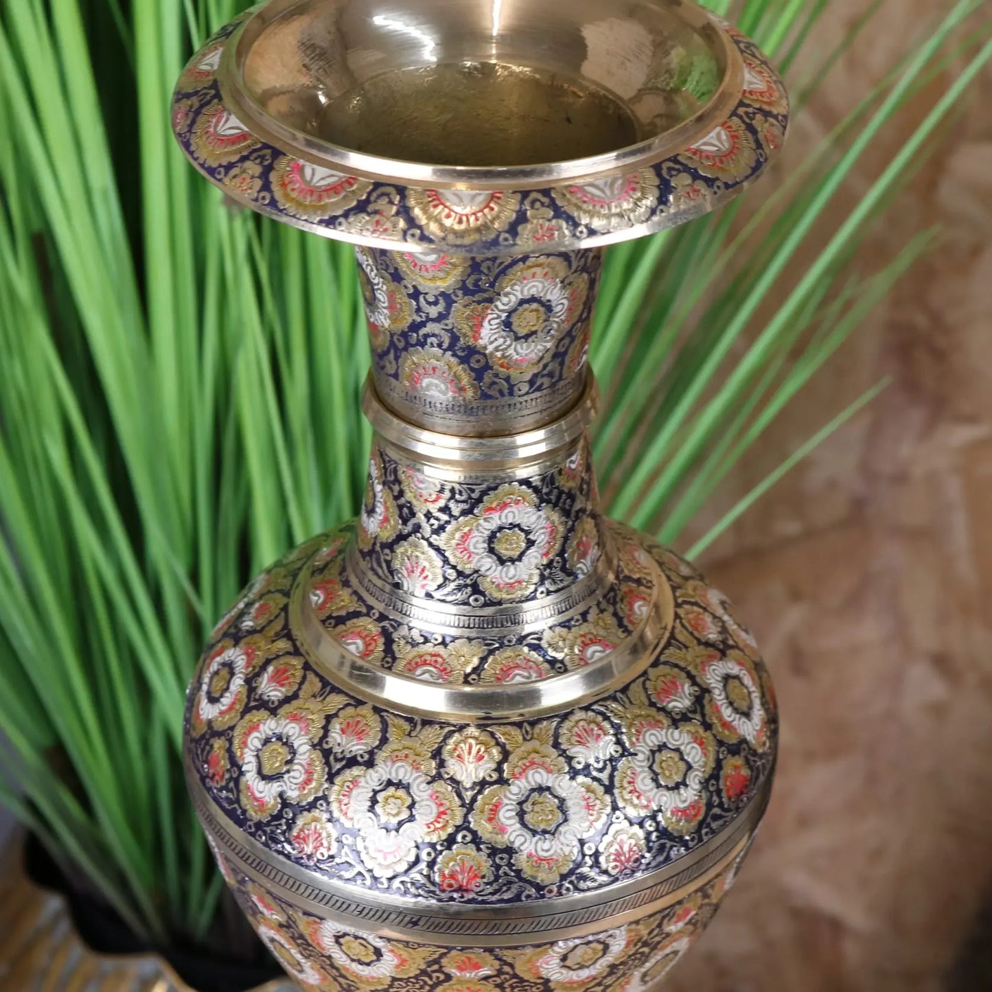 Vintage 42cm Brass Vase Hand Painted and Etched - Closeup of Top Half